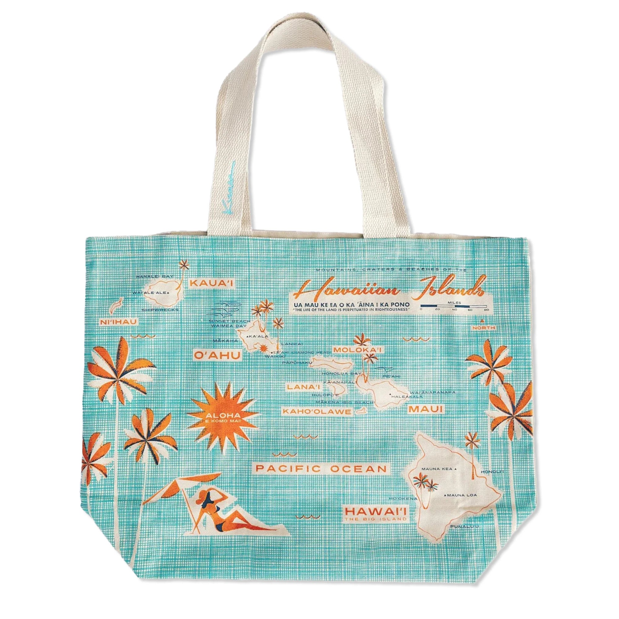 HAWAIIAN ISLANDS MAP CANVAS BEACH TOTE BAG